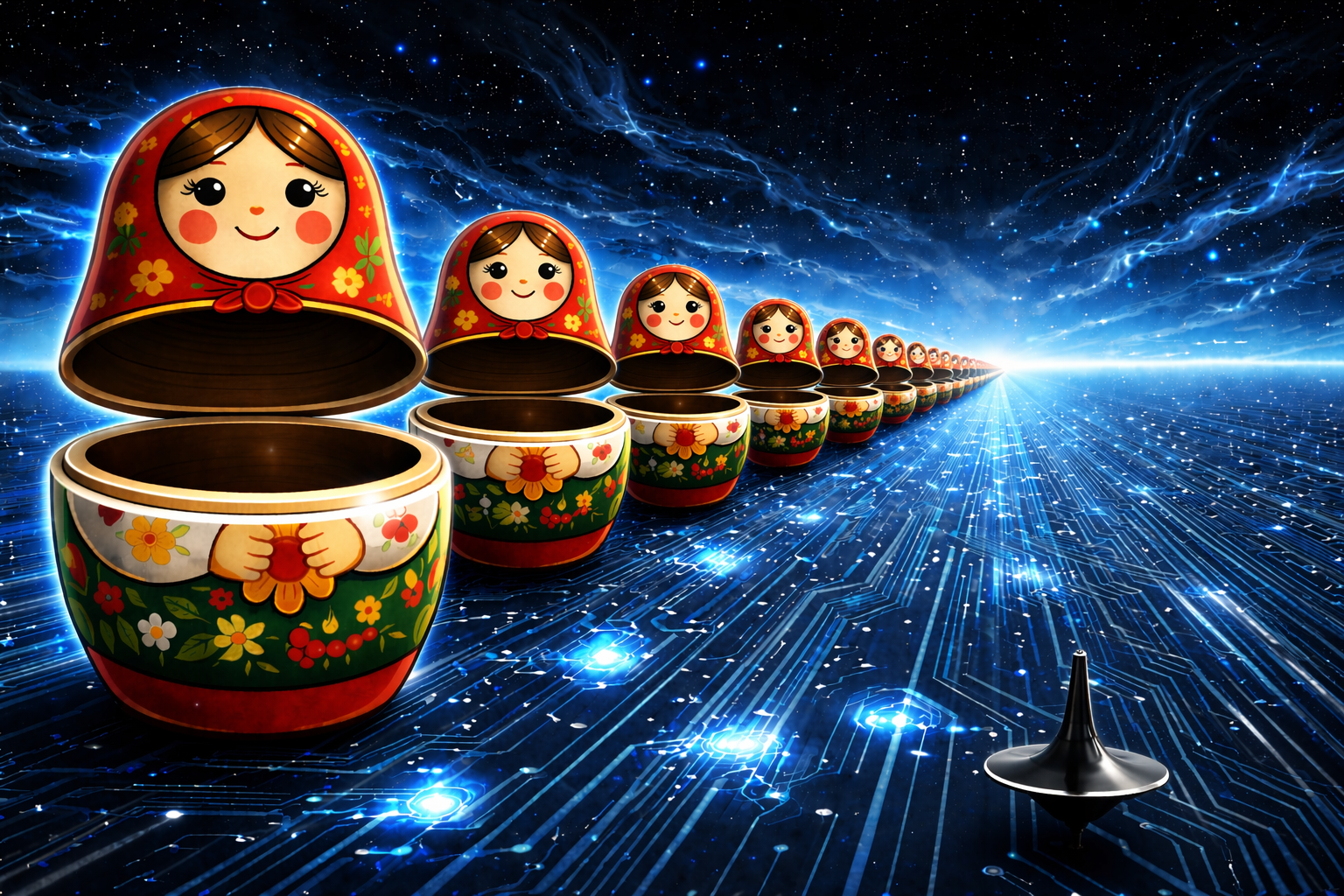 A line of matryoshka (Russian nesting) dolls, proceeding infinitely away from
the viewer toward a vanishing point